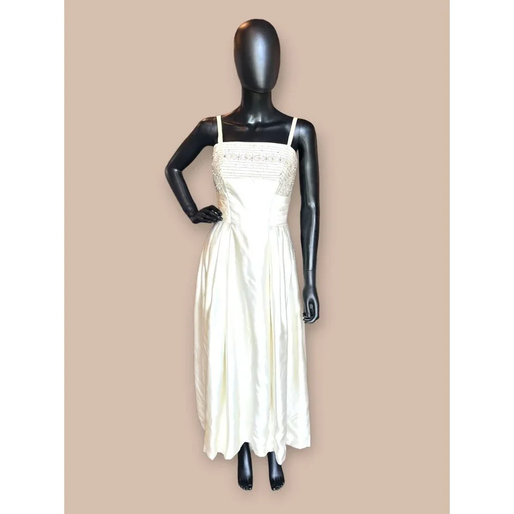Vintage Obi Waist/Bow 60s Beaded Liquid Satin Wedding Dress - Picture 2 of 6